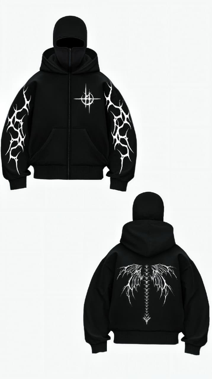 Shadow spine oversized zip hoodie - Black Gothic Streetwear