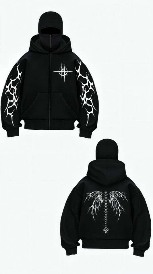 Shadow spine oversized zip hoodie - Black Gothic Streetwear